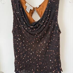 Scala Black Brown Top Sz. Lg Beaded 100% Silk Lining Y2K Evening Boho